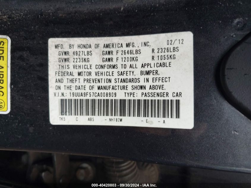 19UUA9F57CA008909 2012 Acura Tl 3.7