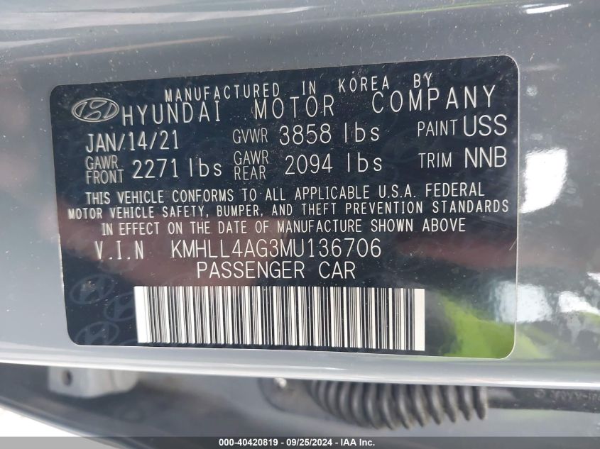 2021 Hyundai Elantra Se VIN: KMHLL4AG3MU136706 Lot: 40420819