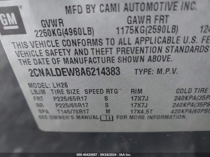 2CNALDEW8A6214383 2010 Chevrolet Equinox Lt