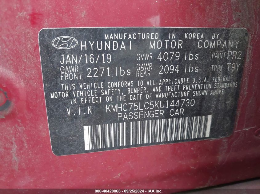 KMHC75LC5KU144730 2019 Hyundai Ioniq Hybrid Sel