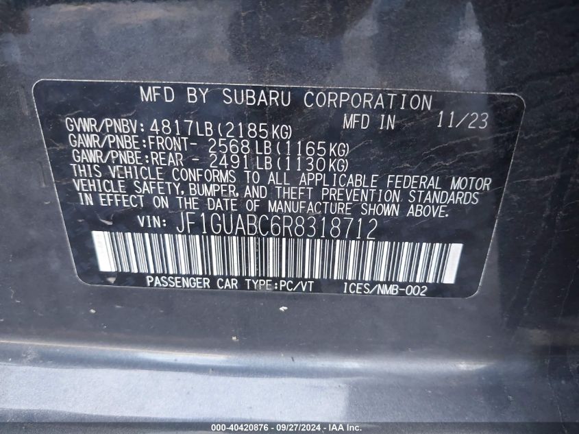 2024 Subaru Impreza Base 5-Door VIN: JF1GUABC6R8318712 Lot: 40420876