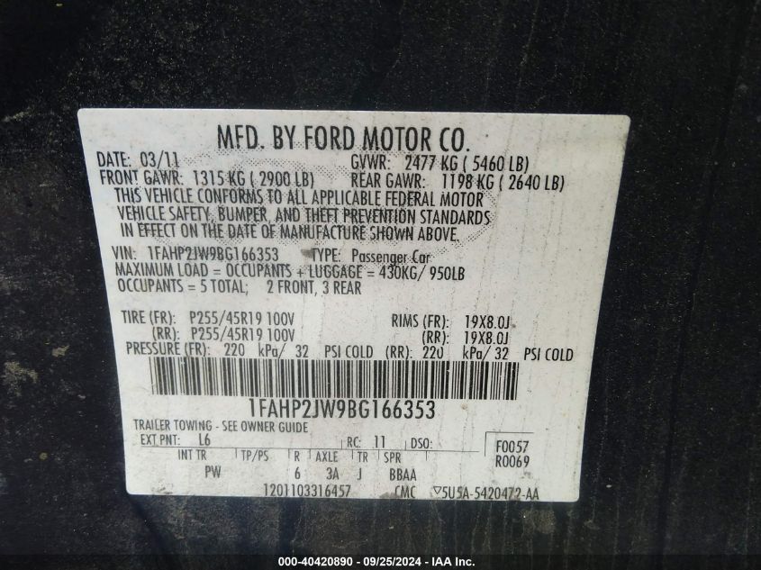 1FAHP2JW9BG166353 2011 Ford Taurus Limited