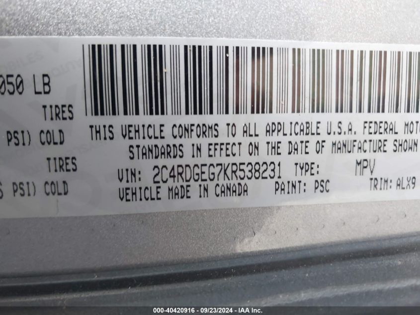 2C4RDGEG7KR538231 2019 Dodge Grand Caravan Gt