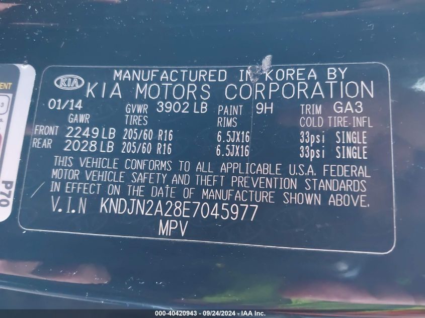2014 Kia Soul VIN: KNDJN2A28E7045977 Lot: 40420943