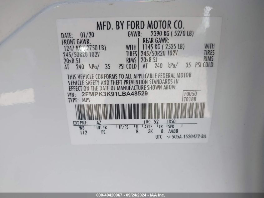 2020 Ford Edge Titanium VIN: 2FMPK3K91LBA48529 Lot: 40420967