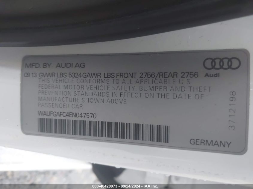 2014 Audi A6 3.0T Premium Plus VIN: WAUFGAFC4EN047570 Lot: 40420973