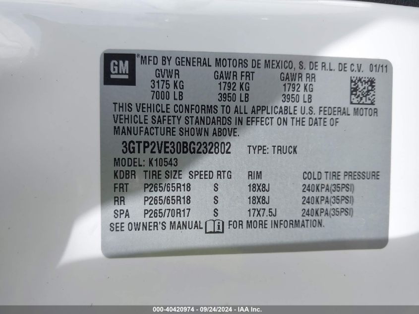 2011 GMC Sierra 1500 Sle VIN: 3GTP2VE30BG232802 Lot: 40420974