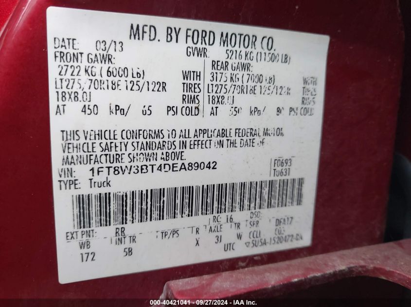 1FT8W3BT4DEA89042 2013 Ford F-350 Lariat