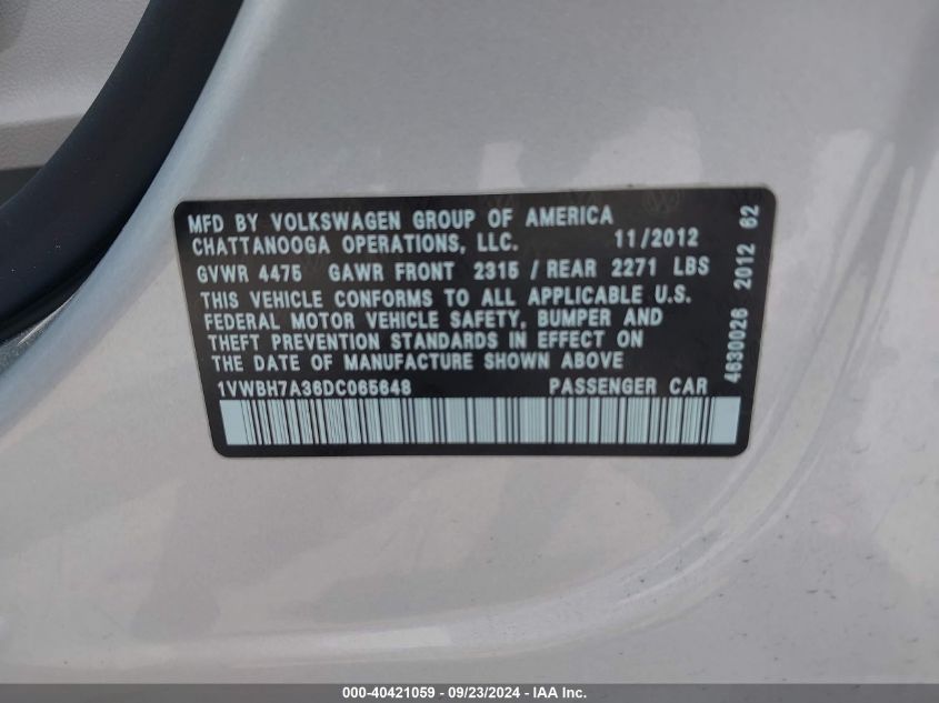 1VWBH7A36DC065648 2013 Volkswagen Passat 2.5L Se