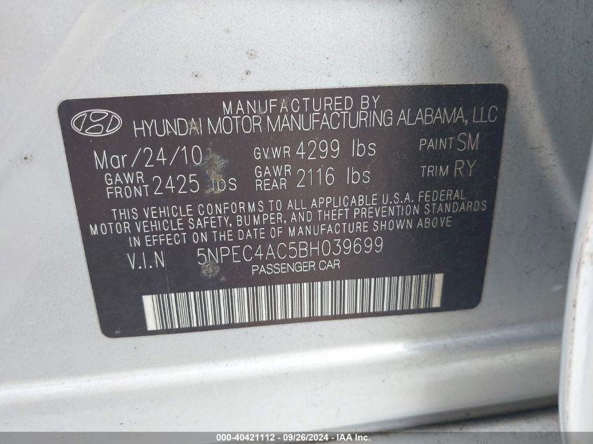 5NPEC4AC5BH039699 2011 Hyundai Sonata Se/Limited