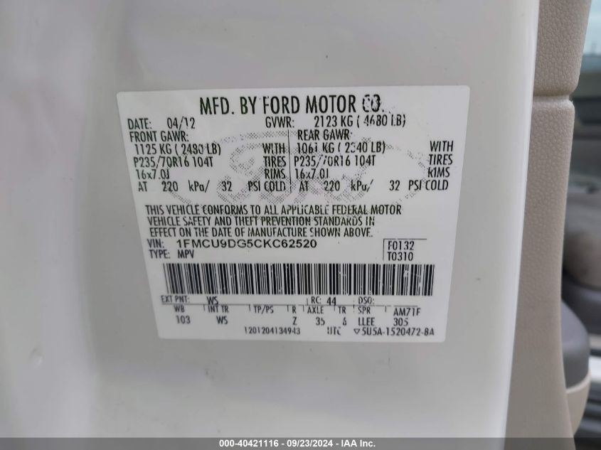 1FMCU9DG5CKC62520 2012 Ford Escape Xlt