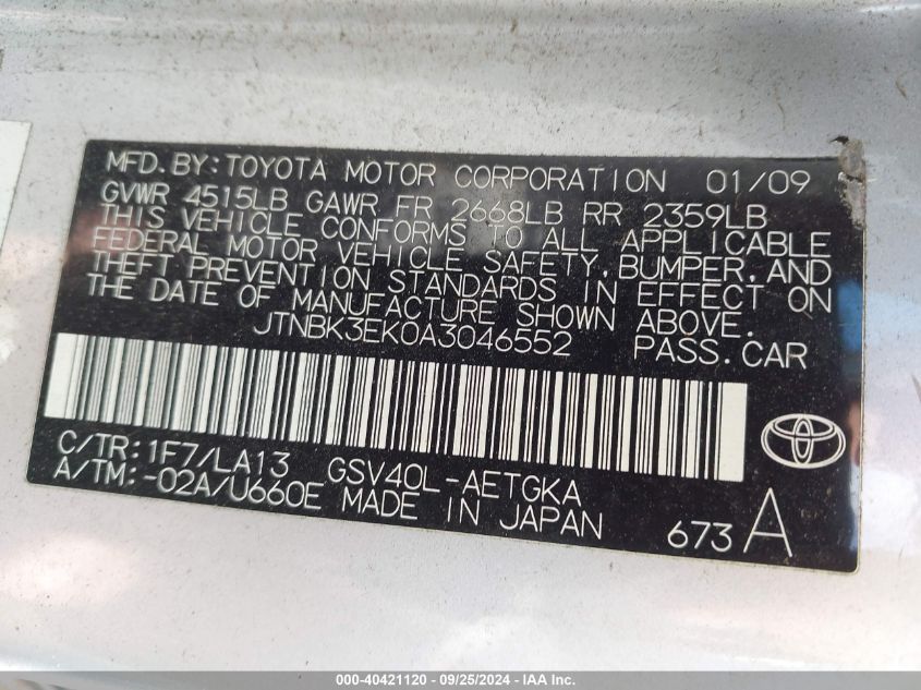 2010 Toyota Camry Xle V6 VIN: JTNBK3EK0A3046552 Lot: 40421120