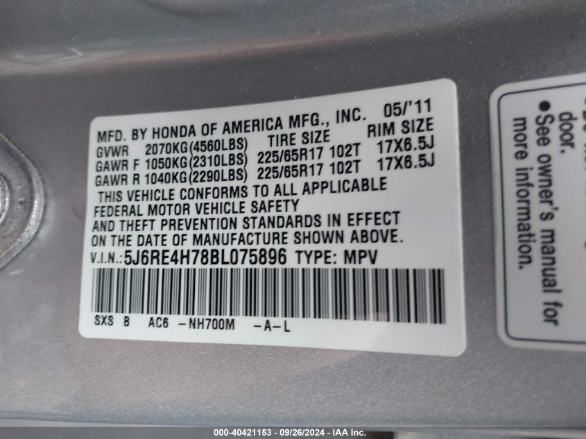 5J6RE4H78BL075896 2011 Honda Cr-V Ex-L