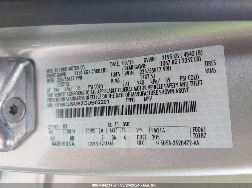 1FMCU9G92GUB02201 2016 Ford Escape Se