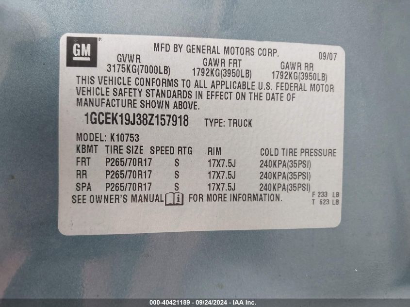 1GCEK19J38Z157918 2008 Chevrolet Silverado 1500 Lt1