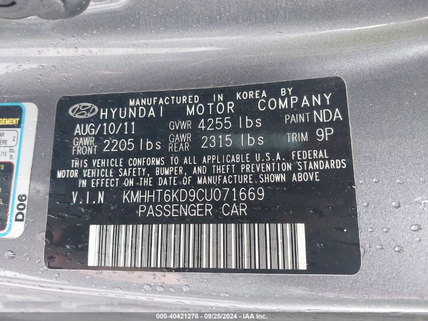 KMHHT6KD9CU071669 2012 Hyundai Genesis 2.0T