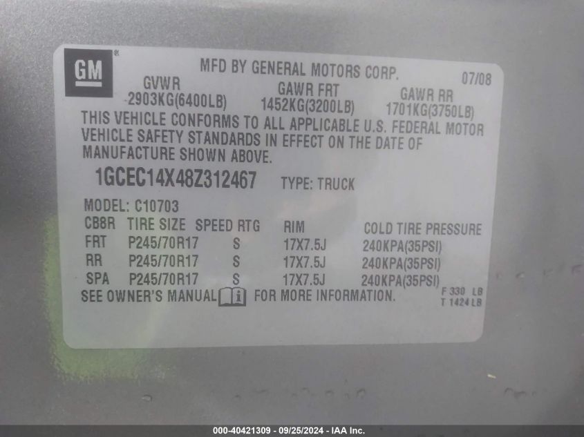 1GCEC14X48Z312467 2008 Chevrolet Silverado 1500 Work Truck