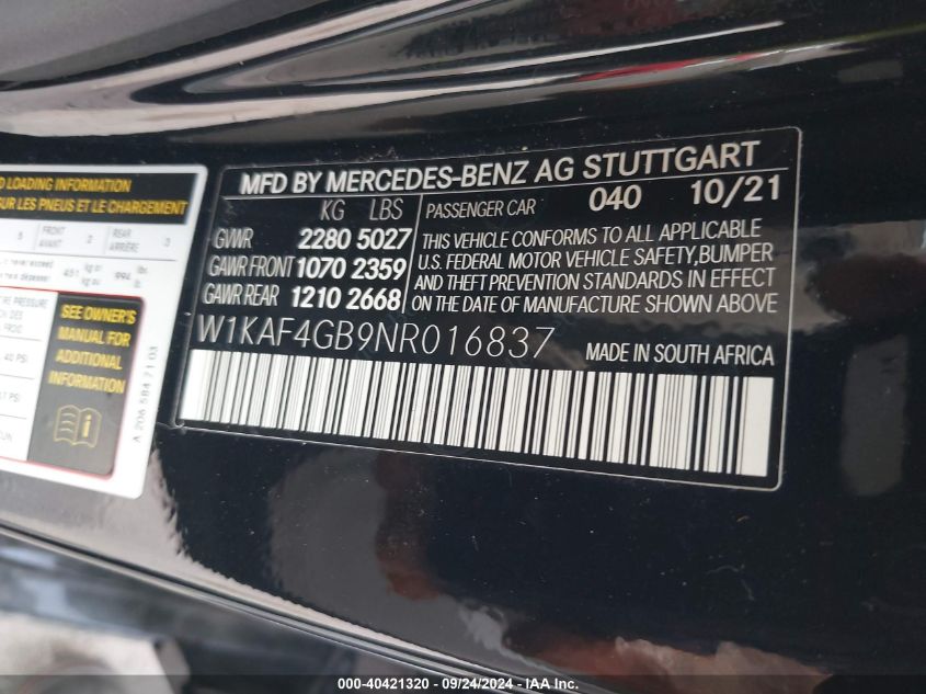 2022 Mercedes-Benz C 300 300 VIN: W1KAF4GB9NR016837 Lot: 40421320