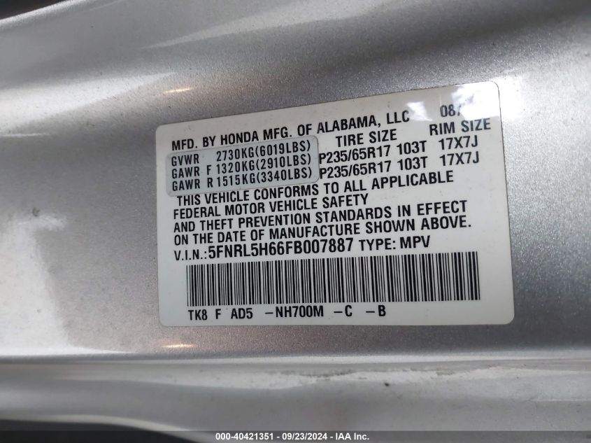 5FNRL5H66FB007887 2015 Honda Odyssey Ex-L