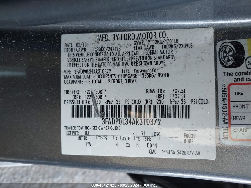 3FADP0L34AR310372 2010 FORD FUSION photo no. 9