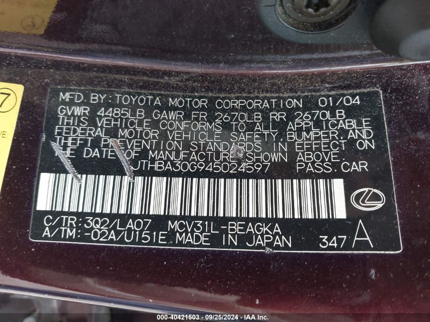 JTHBA30G945024597 2004 Lexus Es 330