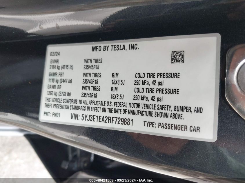 2024 Tesla Model 3 Rear-Wheel Drive VIN: 5YJ3E1EA2RF729881 Lot: 40421509