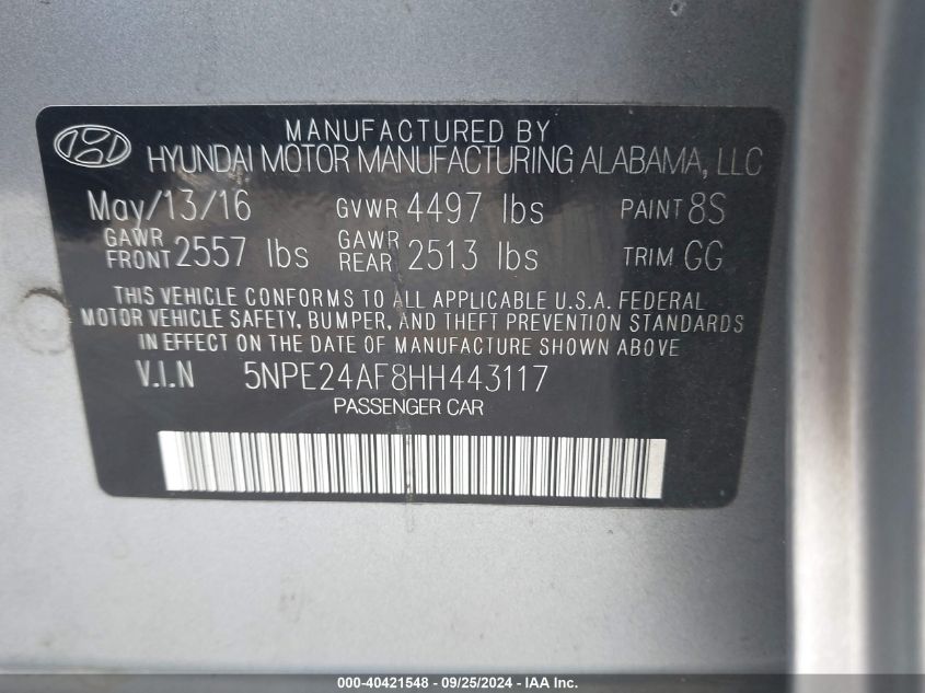 5NPE24AF8HH443117 2017 Hyundai Sonata