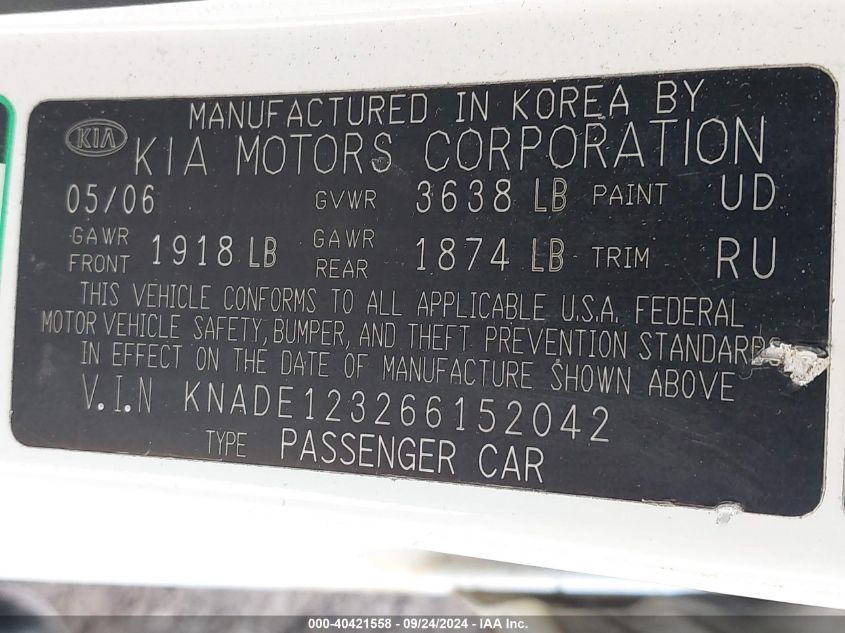 KNADE123266152042 2006 Kia Rio Lx