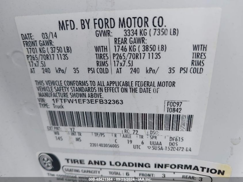 2014 Ford F-150 Xlt VIN: 1FTFW1EF3EFB32363 Lot: 40421564