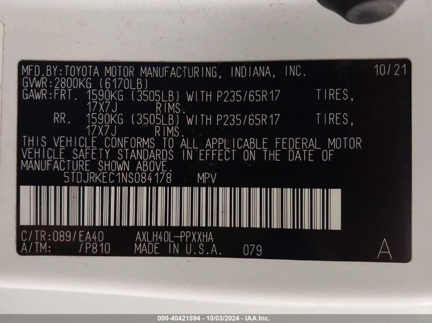 5TDJRKEC1NS084178 2022 Toyota Sienna Xle