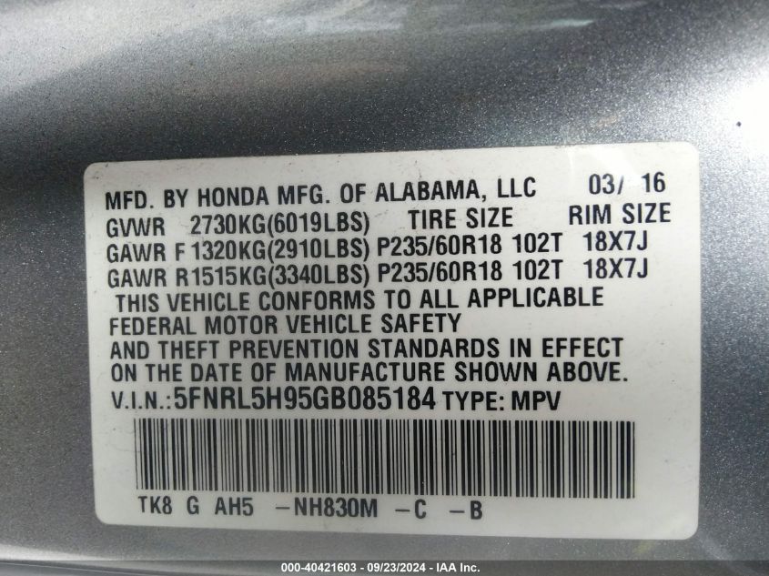 5FNRL5H95GB085184 2016 Honda Odyssey Touring/Touring Elite