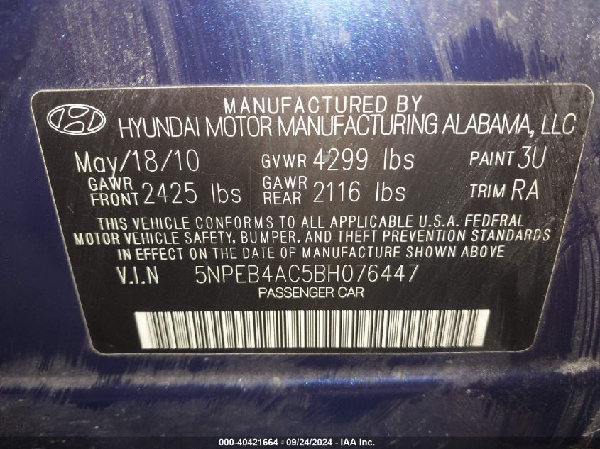 5NPEB4AC5BH076447 2011 Hyundai Sonata Gls