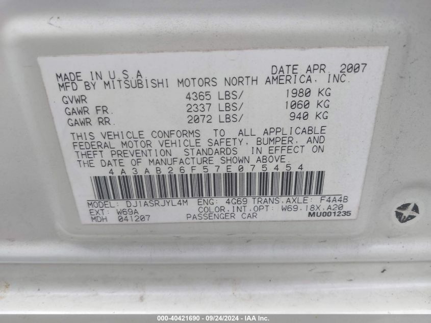 4A3AB26F57E075454 2007 Mitsubishi Galant De