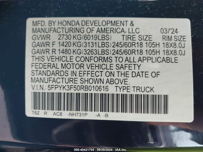 2024 Honda Ridgeline Rtl VIN: 5FPYK3F50RB010616 Lot: 40421704