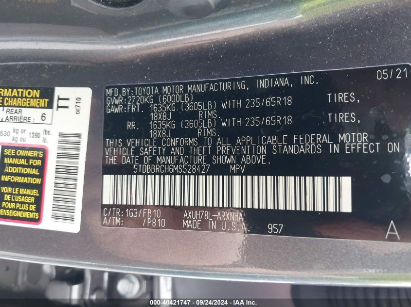 5TDBBRCH6MS528427 2021 Toyota Highlander Hybrid Le