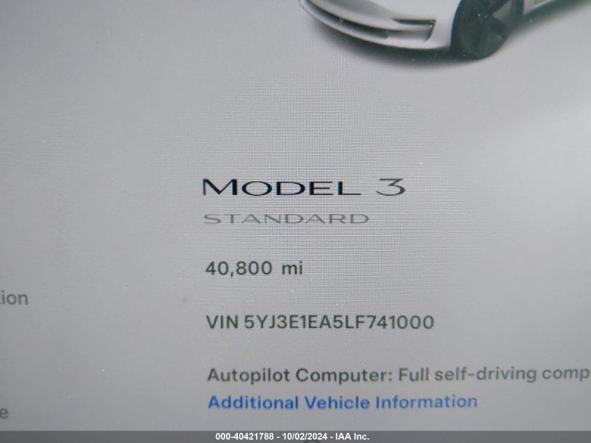 2020 Tesla Model 3 Standard Range Plus Rear-Wheel Drive/Standard Range Rear-Wheel Drive VIN: 5YJ3E1EA5LF741000 Lot: 40421788