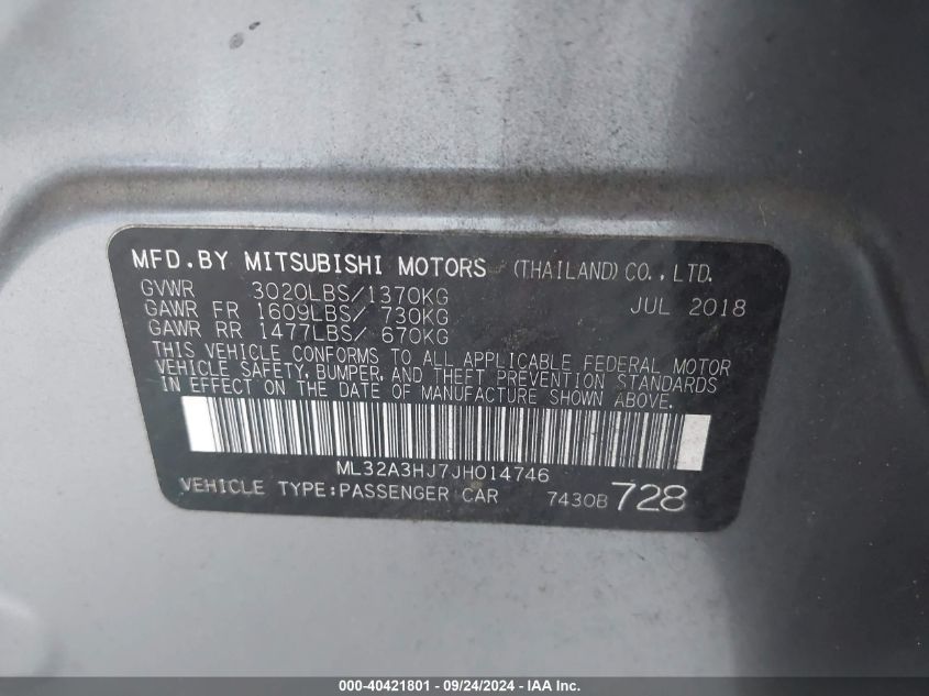 2018 Mitsubishi Mirage Es VIN: ML32A3HJ7JH014746 Lot: 40421801