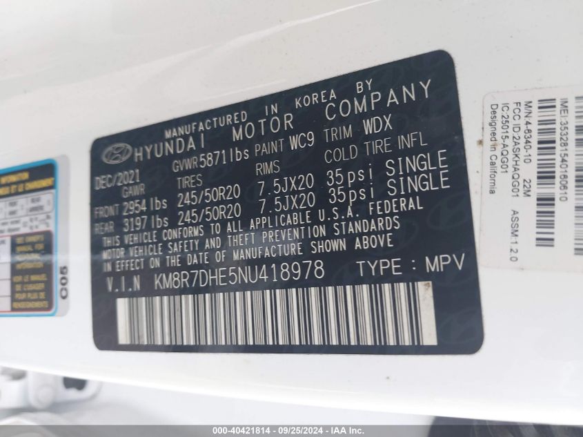 2022 Hyundai Palisade Calligraphy VIN: KM8R7DHE5NU418978 Lot: 40421814