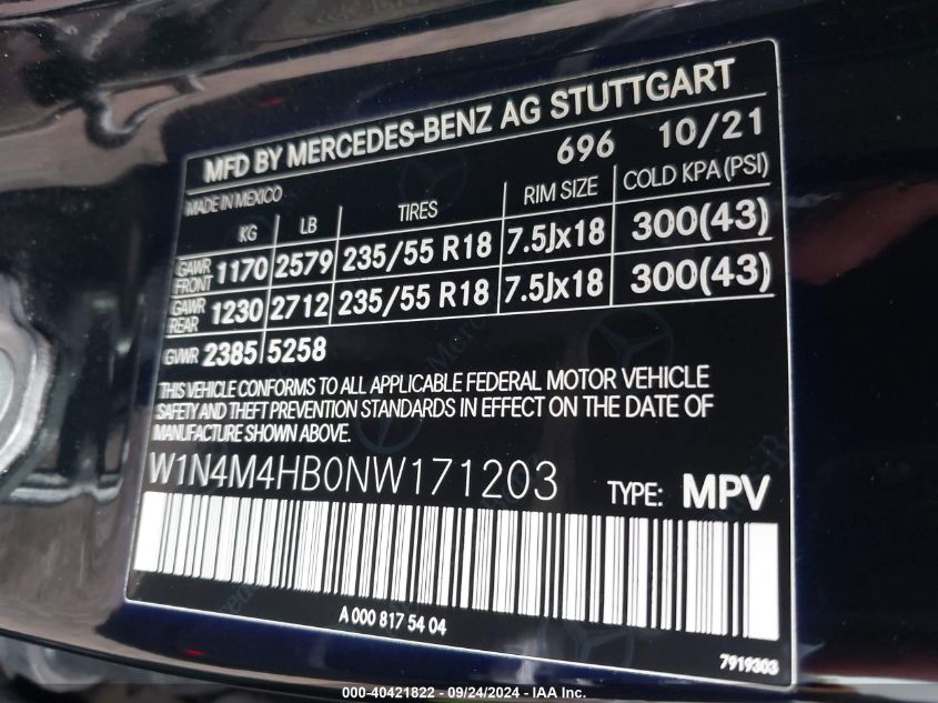 W1N4M4HB0NW171203 2022 Mercedes-Benz Glb 250 4Matic