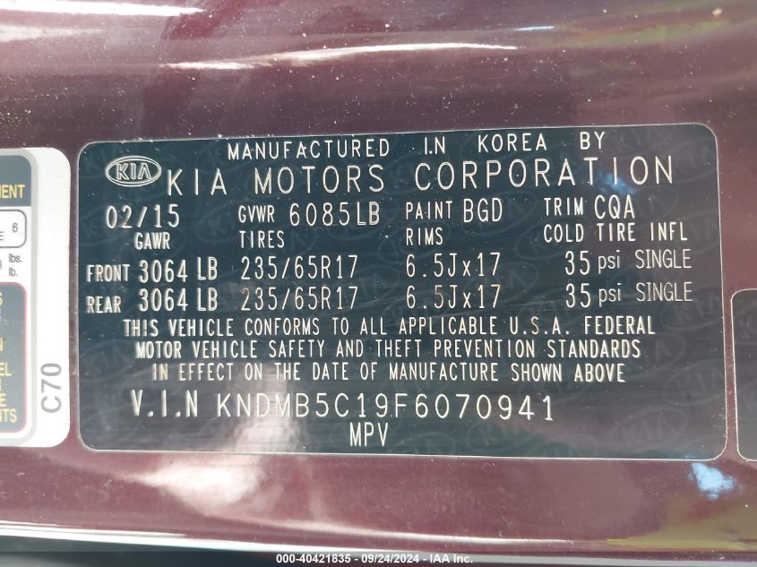 KNDMB5C19F6070941 2015 Kia Sedona Lx