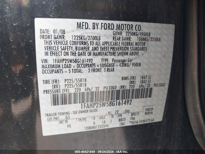 1FAHP25W58G161492 2008 Ford Taurus Limited