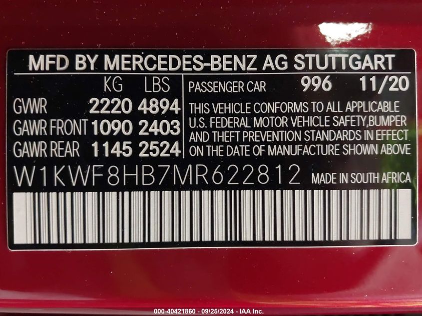 2021 Mercedes-Benz Amg C 63 S VIN: W1KWF8HB7MR622812 Lot: 40421860