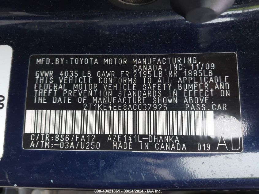 2T1KE4EE8AC037925 2010 Toyota Matrix S