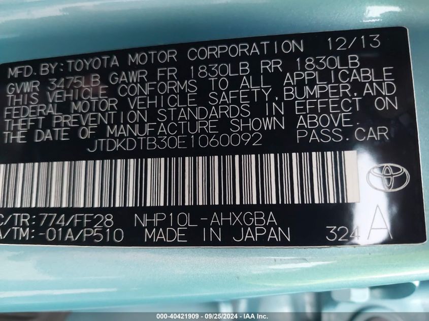 JTDKDTB30E1060092 2014 Toyota Prius C Three