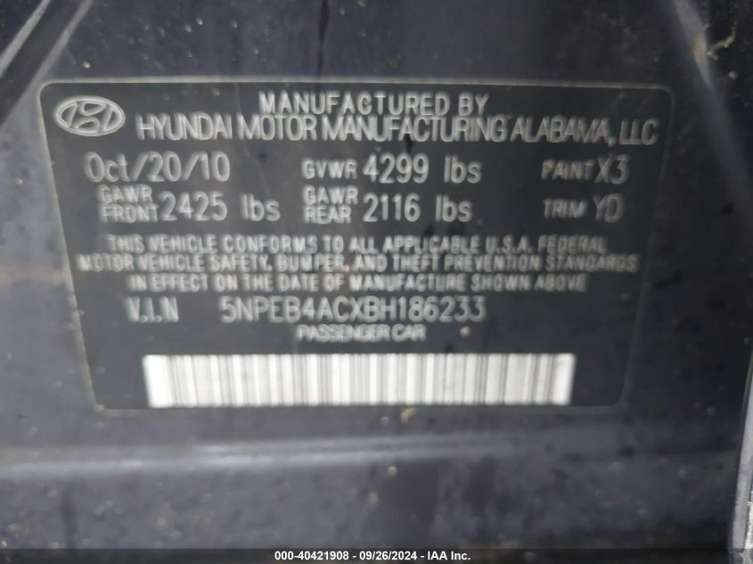 5NPEB4ACXBH186233 2011 Hyundai Sonata Gls