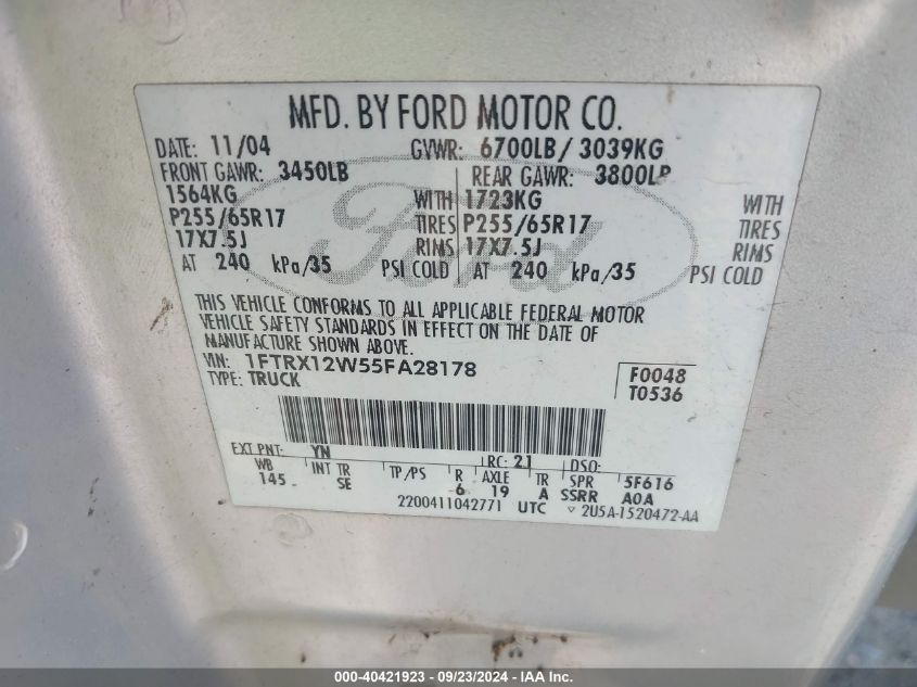 1FTRX12W55FA28178 2005 Ford F-150 Stx/Xl/Xlt