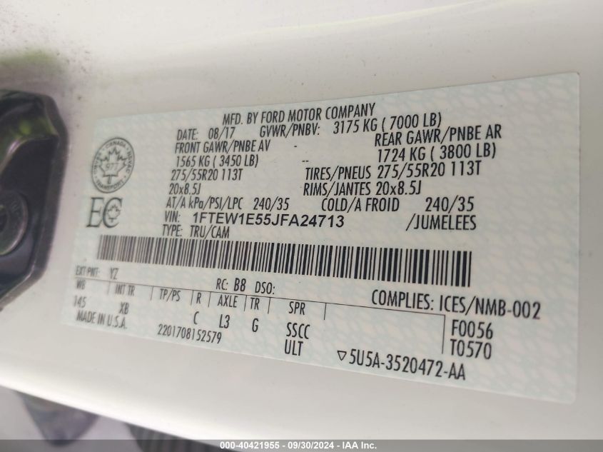 2018 Ford F-150 Xlt VIN: 1FTEW1E55JFA24713 Lot: 40421955