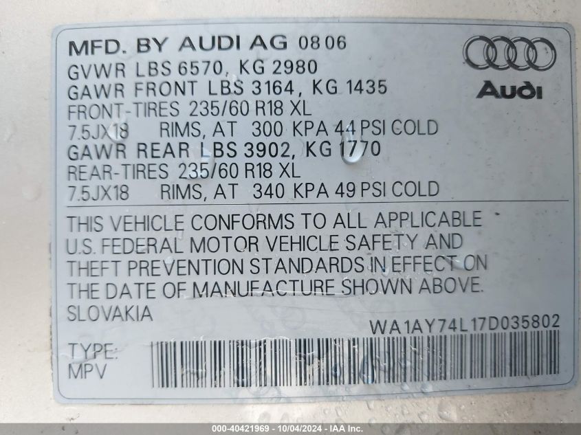 WA1AY74L17D035802 2007 Audi Q7 3.6