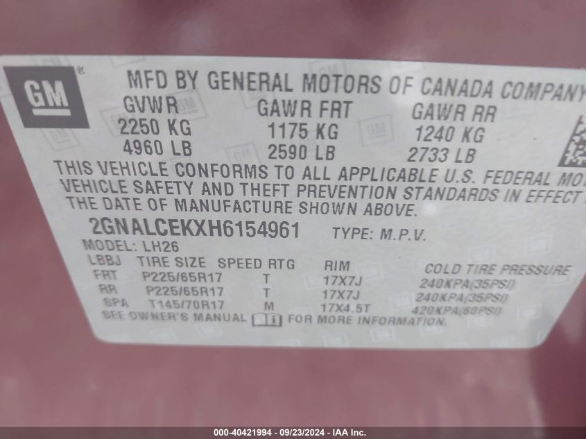 2GNALCEKXH6154961 2017 Chevrolet Equinox Lt