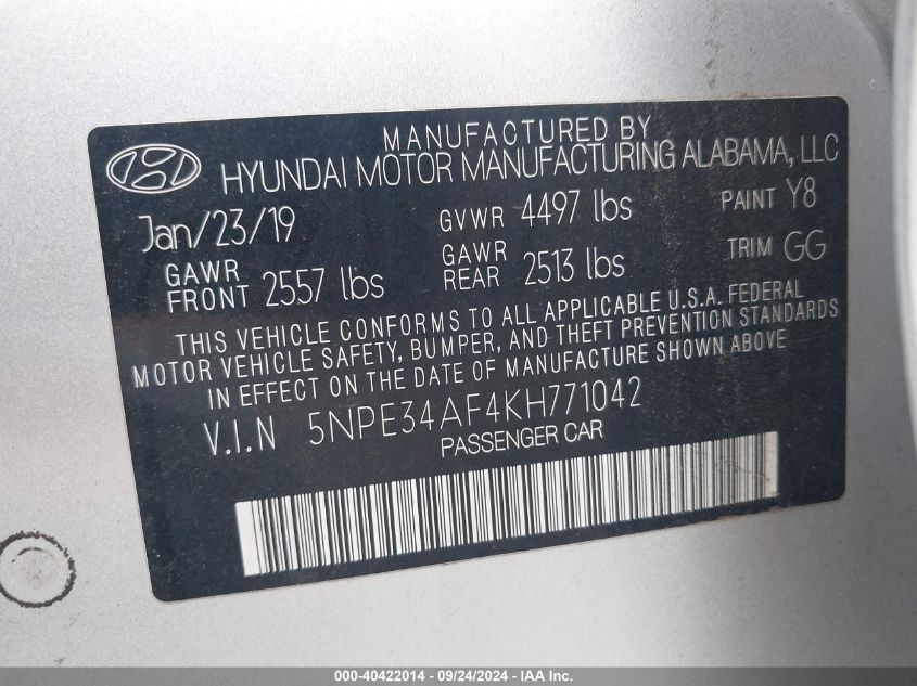 5NPE34AF4KH771042 2019 Hyundai Sonata Limited/Sel/Sport